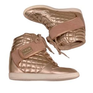Retro Bebe Rose Gold Pink High Top Wedge Sneakers Metallic Shoes 7 80s